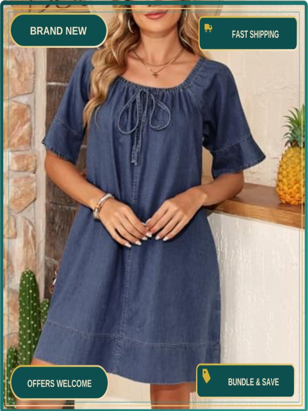 Dokotoo Women's Denim Dress Lightweight Flowy Tie Knot Cotton Jean Dress - Picture 4 of 6